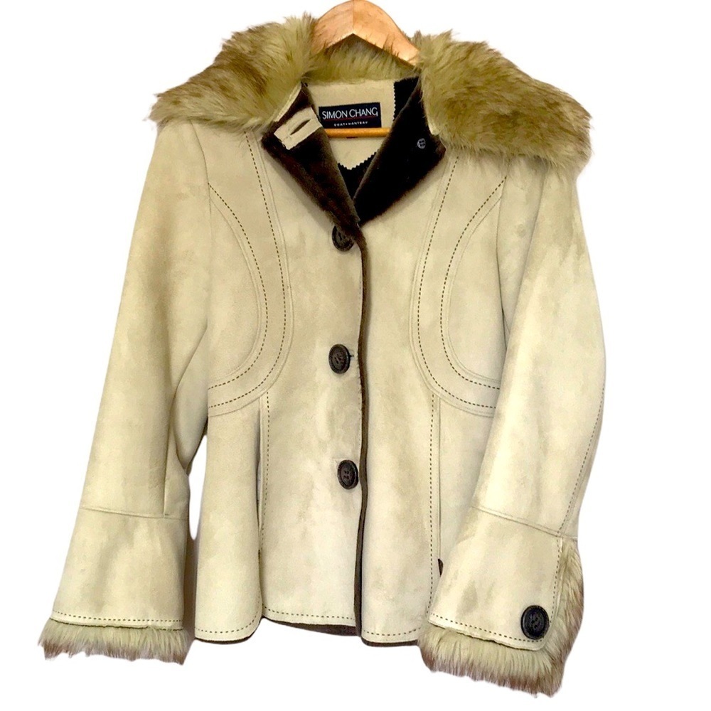 Simon Chang beige faux suede faux fur coat S